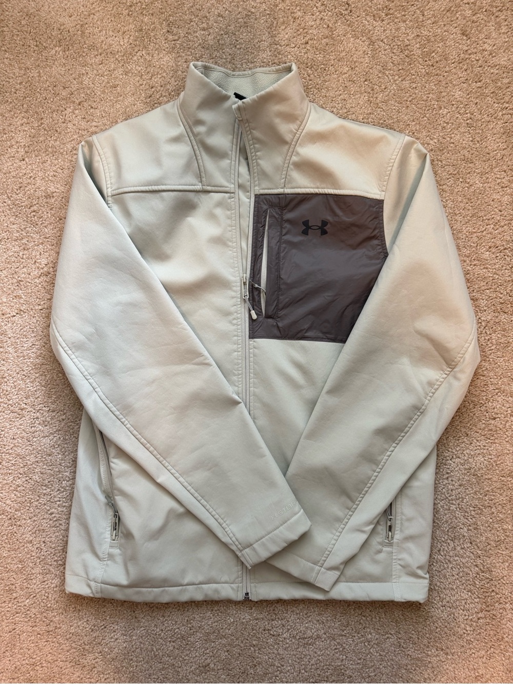 Under Armour Men’s Tan Khaki Softshell Jacket with Dark Gray Chest Panel Medium